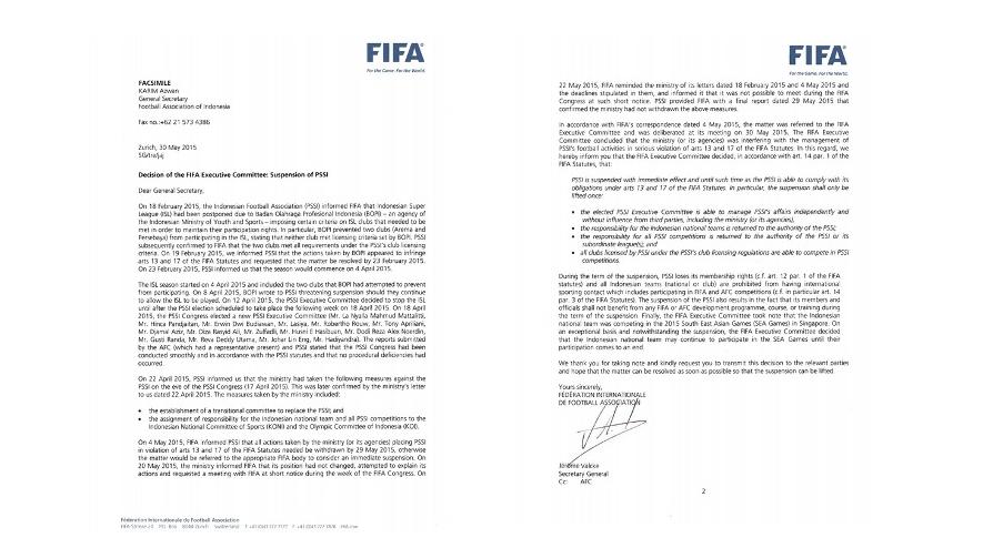 Isi Surat Sanksi FIFA Kepada PSSI