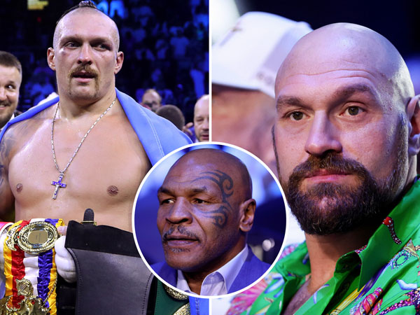 Mike Tyson (insert) menasihati Oleksandr Usyk (kiri) bagaimana sebaiknya menghadapi Tyson Fury (Sumber Foto: The Sun)