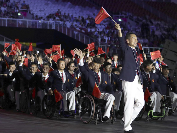 Kontingen China akan kirimkan 439 atlet ke Asian Para Games Hangzhou. Berikut foto kontingen China di Asian Para Games 2018 di Jakarta. (Foto: Xinhua)