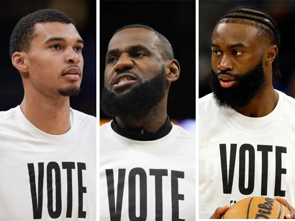 Para pemain di seluruh NBA mengenakan kaos pemanasan khusus yang mempromosikan pentingnya memberikan suara saat Hari Pemilu. (Foto: NBC)