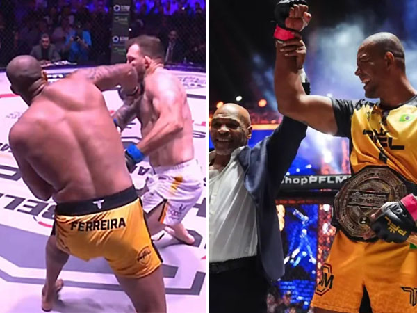 Renan Ferreira hanya perlu 21 detik untuk mengalahkan Ryan Bader dan mengangkat sabuk "Super Belt" di Riyadh ditemani ikon Mike Tyson. (Foto: Riyadh Season)