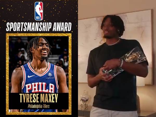 Tyrese Maxey menerima berita sebagai pemenang NBA Sportsmanship Award dari kedua ortunya di rumah. (Foto: NBA)