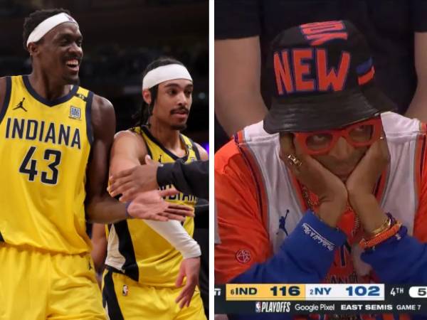 Ekspresi Spike Lee disorot kamera ketika tim jagoannya, Knicks, di ambang kekalahan dari Pacers. (Foto: AP)