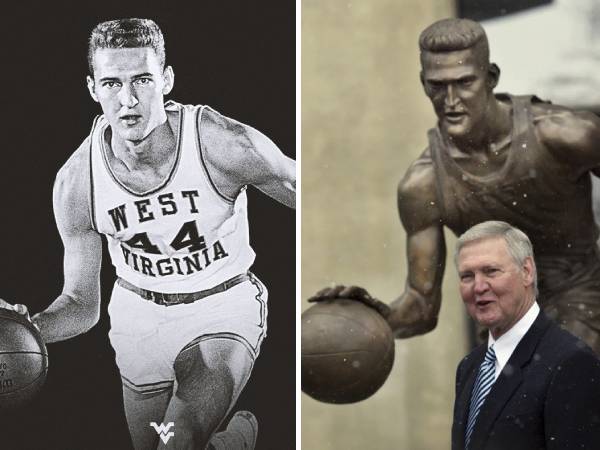 Jerry West muda saat membela West Virginia University (kiri) dan berpose di depan patung perunggu dirinya di WVU Coliseum. (Foto: AP)