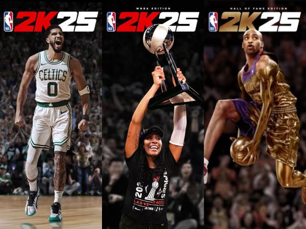 Penampakan beberapa sampul NBA 2K25 yang menampilkan Jayson Tatum, A'ja Wilson, dan Vince Carter. (Foto: NBA 2K)