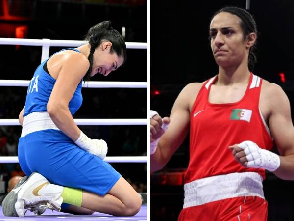 Imane Khelif (kanan) dinyatakan sebagai pemenang setelah lawan dari Italia, Angela Carini, mundur di tengah pertarungan pada Kamis (1/8). (Foto: AP)