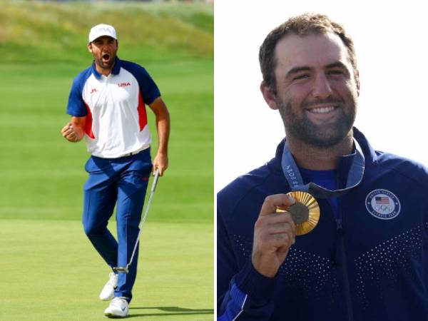 Scottie Scheffler melakukan selebrasi setelah memastikan medali emas golf putra untuk AS di Olimpiade Paris. (Foto: Golf Digest)