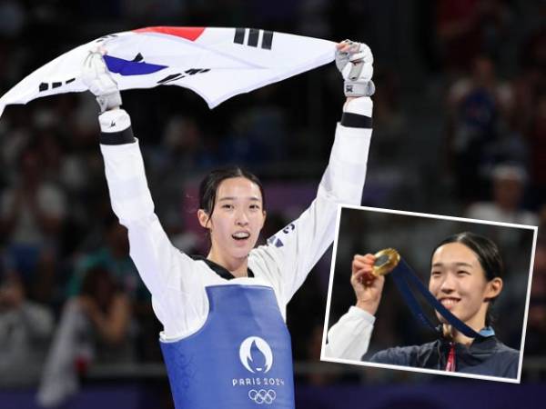 Kim Yu-jin melakukan selebrasi setelah memenangi kelas 57 kg putri di cabang taekwondo Olimpiade Paris pada hari Kamis (8/8). (Foto: Korea Times)