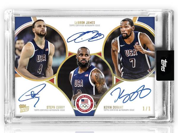 James, Curry dan Durant akan menandatangani kartu Topps 1-of-1 yang menampilkan trio peraih medali emas dengan seragam merah, putih dan biru Team USA. (Foto: Topps)