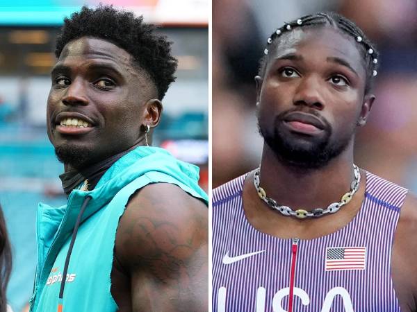 Tyreek Hill (kiri) dan Noah Lyles. (Foto: LA Times)