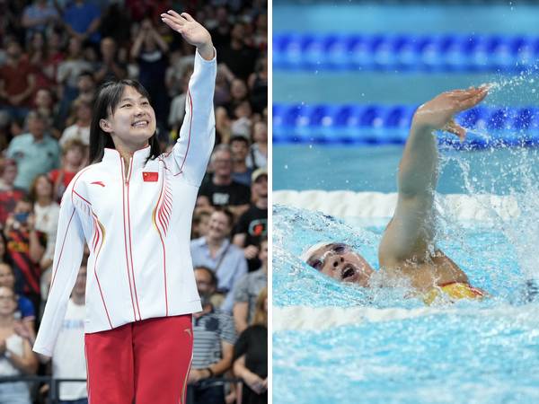 Jiang Yuyan melakukan selebrasi di atas podium setelah memenangi nomor renang 50 meter gaya bebas S6 putri. (Foto: Xinhua)