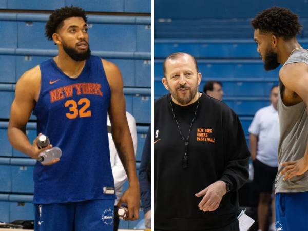 Karl-Anthony Towns mengikuti pemusatan latihan Knicks dan sempat bercanda dengan pelatih Tom Thibodeau. (Foto: AP)