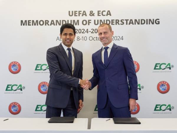 Ketua Asosiasi Klub Eropa Nasser Al-Khelaifi (kiri) dan Presiden UEFA Aleksander Ceferin. (Foto: Inside The Games)