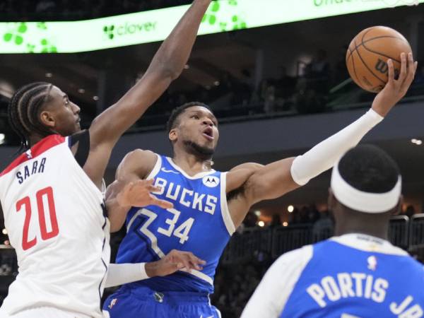 Giannis Antetokounmpo mencatatkan triple-double saat Milwaukee Bucks mengalahkan Washington Wizards 124-114 pada Sabtu (30/11) malam. (Foto: AP)