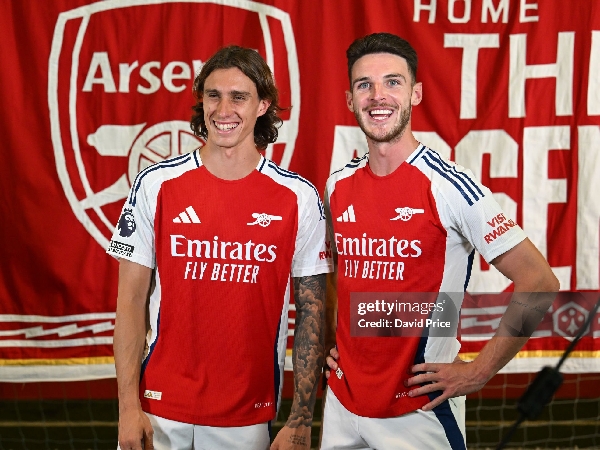 Dua pemain kunci Arsenal, Riccardo Calafiori dan Declan Rice